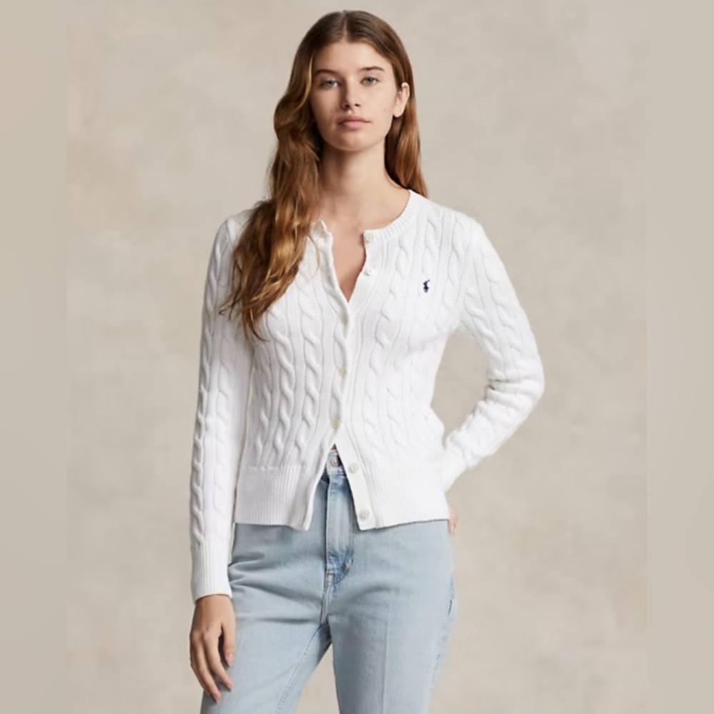 Cable-Knit Cotton Crewneck Cardigan xs